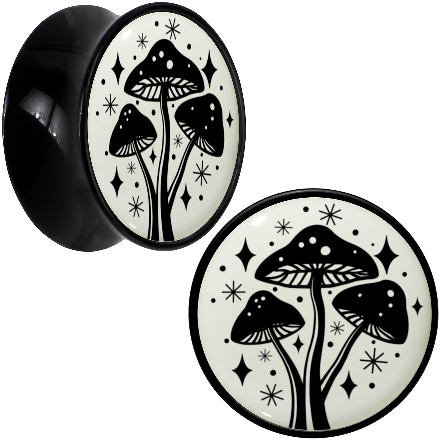 Glow in the Dark Mystic Mushroom Black Acrylic Saddle Plug Set by Onyx O - 18mm (.0709") - PLUG Saddle