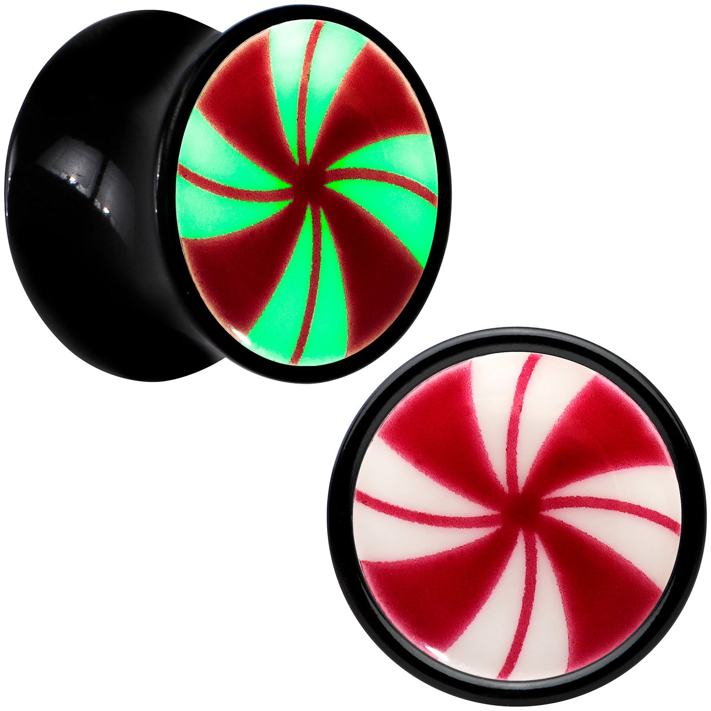 Black Acrylic Peppermint Candy Glow in Dark Double Flare Plug Set by Onyx O - 10mm (00 Gauge) - PLUG Double Flare