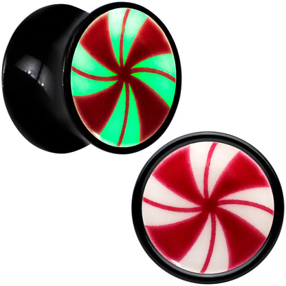 Black Acrylic Peppermint Candy Glow in Dark Double Flare Plug Set by Onyx O - 10mm (00 Gauge) - PLUG Double Flare