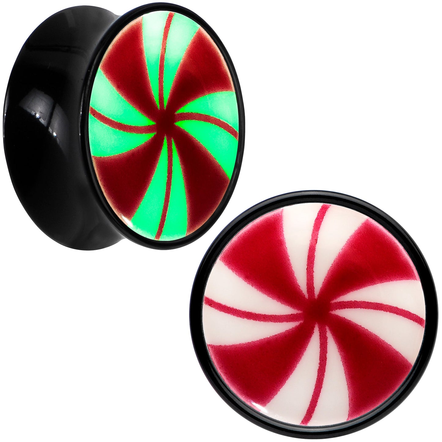 Black Acrylic Peppermint Candy Glow in Dark Double Flare Plug Set by Onyx O - 14mm (9 16") - PLUG Double Flare