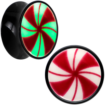 Black Acrylic Peppermint Candy Glow in Dark Double Flare Plug Set by Onyx O - 14mm (9 16") - PLUG Double Flare