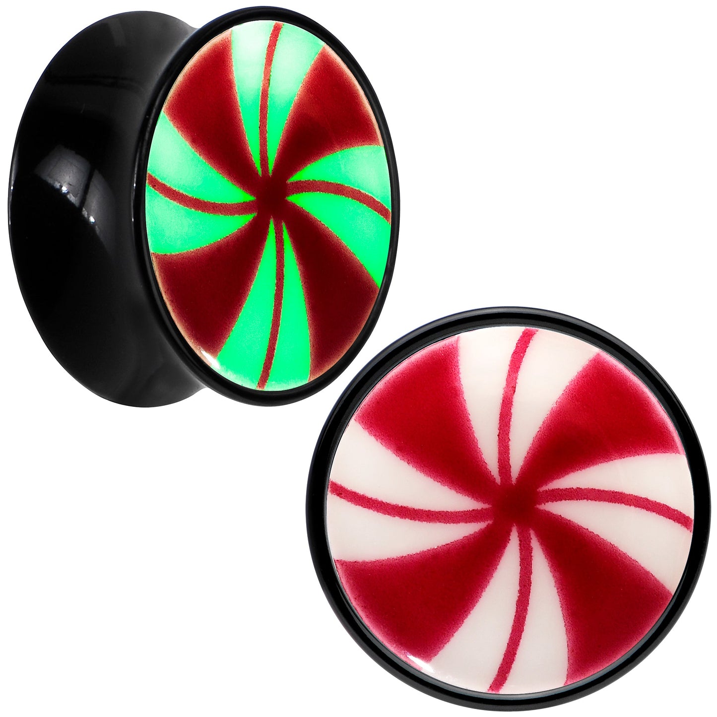 Black Acrylic Peppermint Candy Glow in Dark Double Flare Plug Set by Onyx O - 16mm (5 8") - PLUG Double Flare