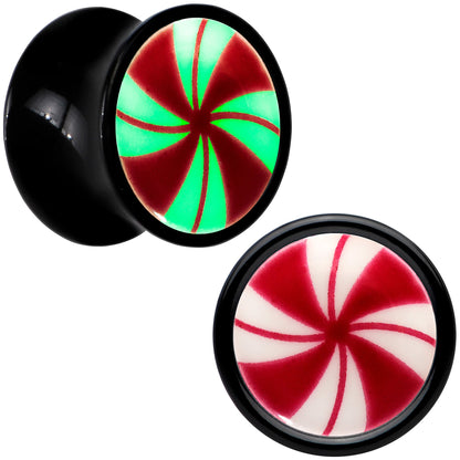 Black Acrylic Peppermint Candy Glow in Dark Double Flare Plug Set by Onyx O - 8mm (0 Gauge) - PLUG Double Flare
