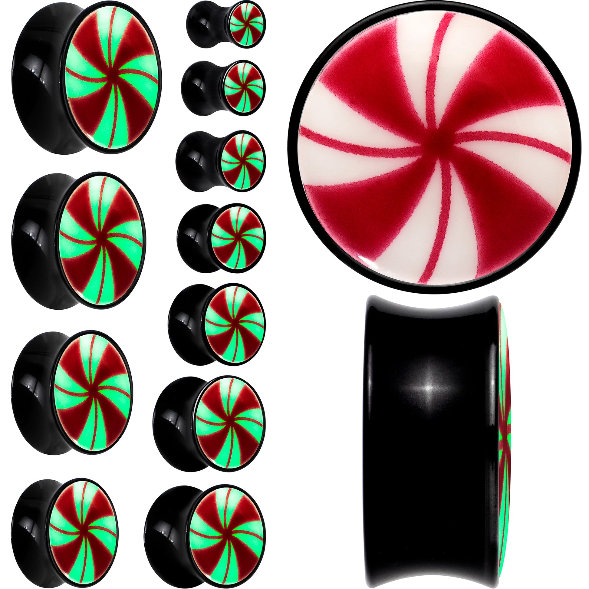 Black Acrylic Peppermint Candy Glow in Dark Double Flare Plug Set by Onyx O - - PLUG Double Flare