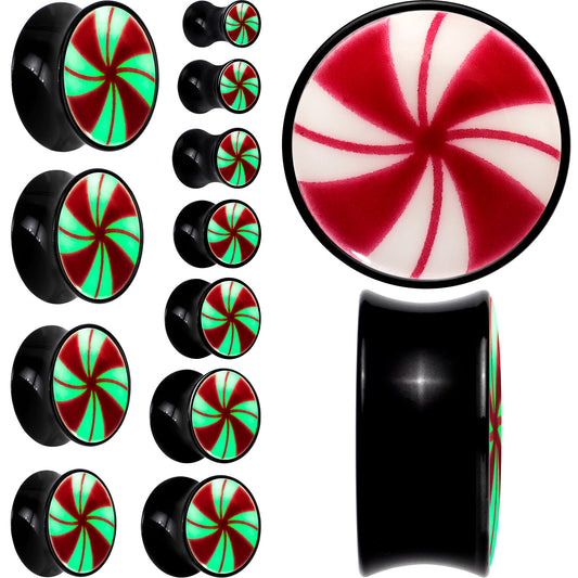 Black Acrylic Peppermint Candy Glow in Dark Double Flare Plug Set by Onyx O - - PLUG Double Flare