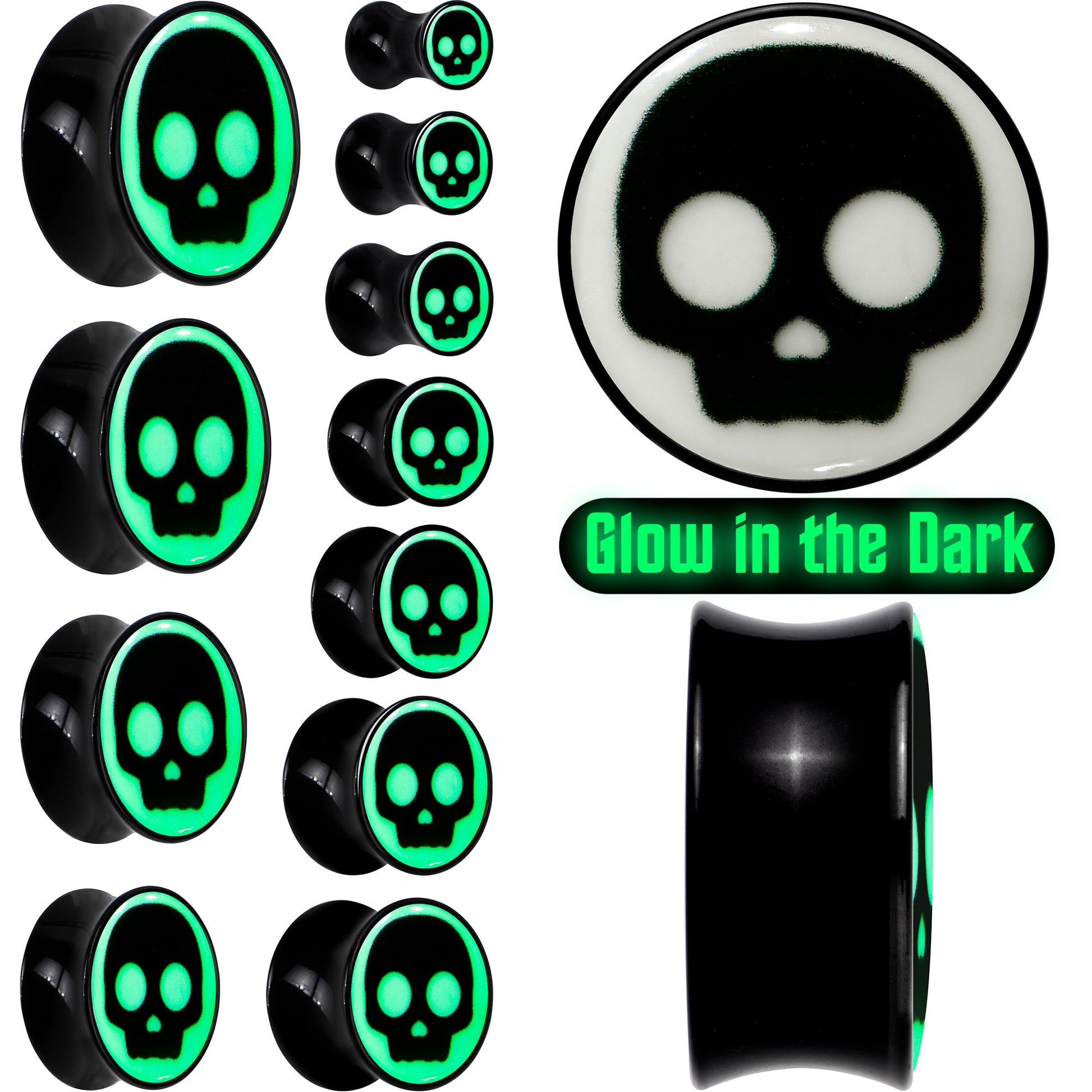 0G Glow in the Dark Simple Skull Black Acrylic Saddle Plug Set by Onyx O - - PLUG Saddle