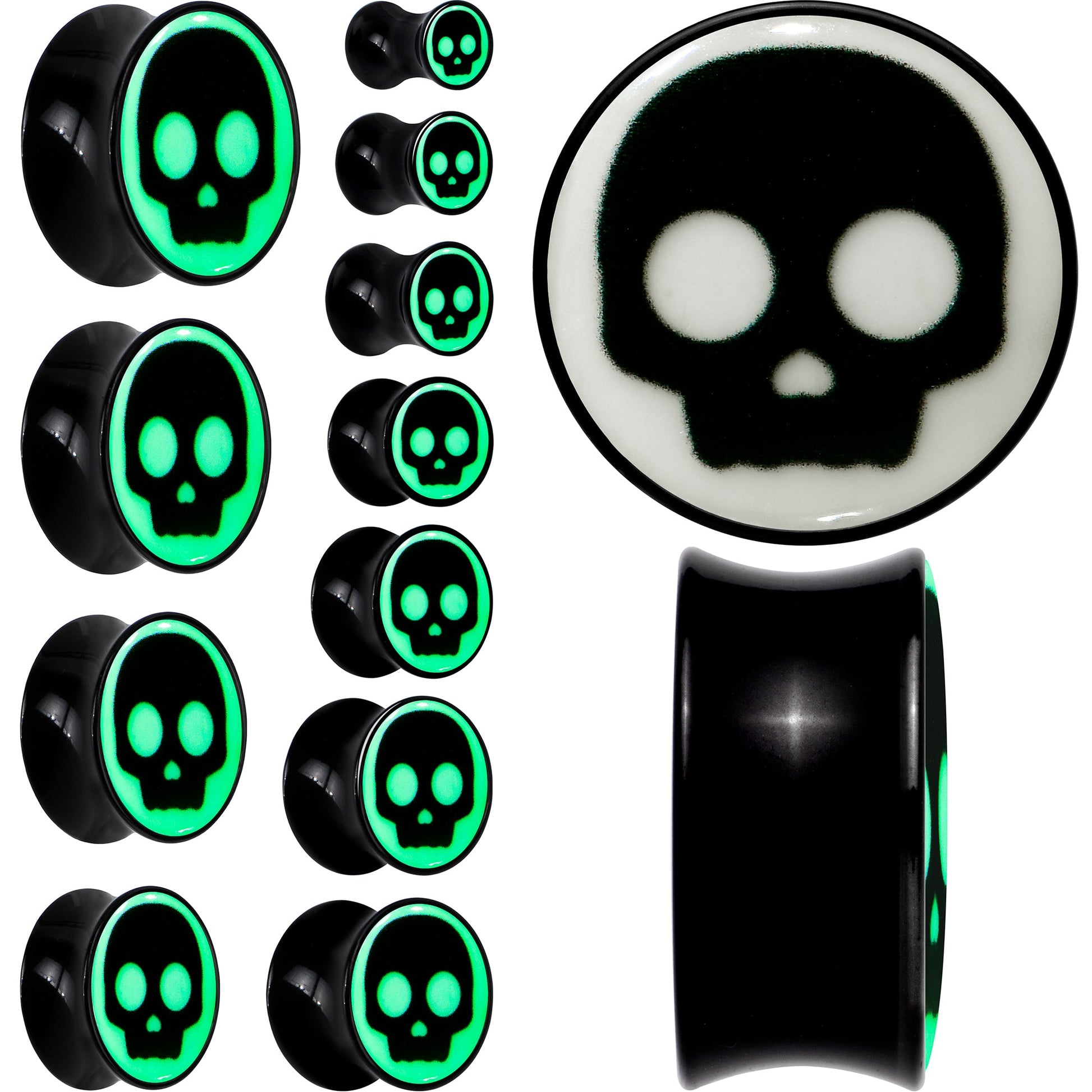 0G Glow in the Dark Simple Skull Black Acrylic Saddle Plug Set by Onyx O - - PLUG Saddle