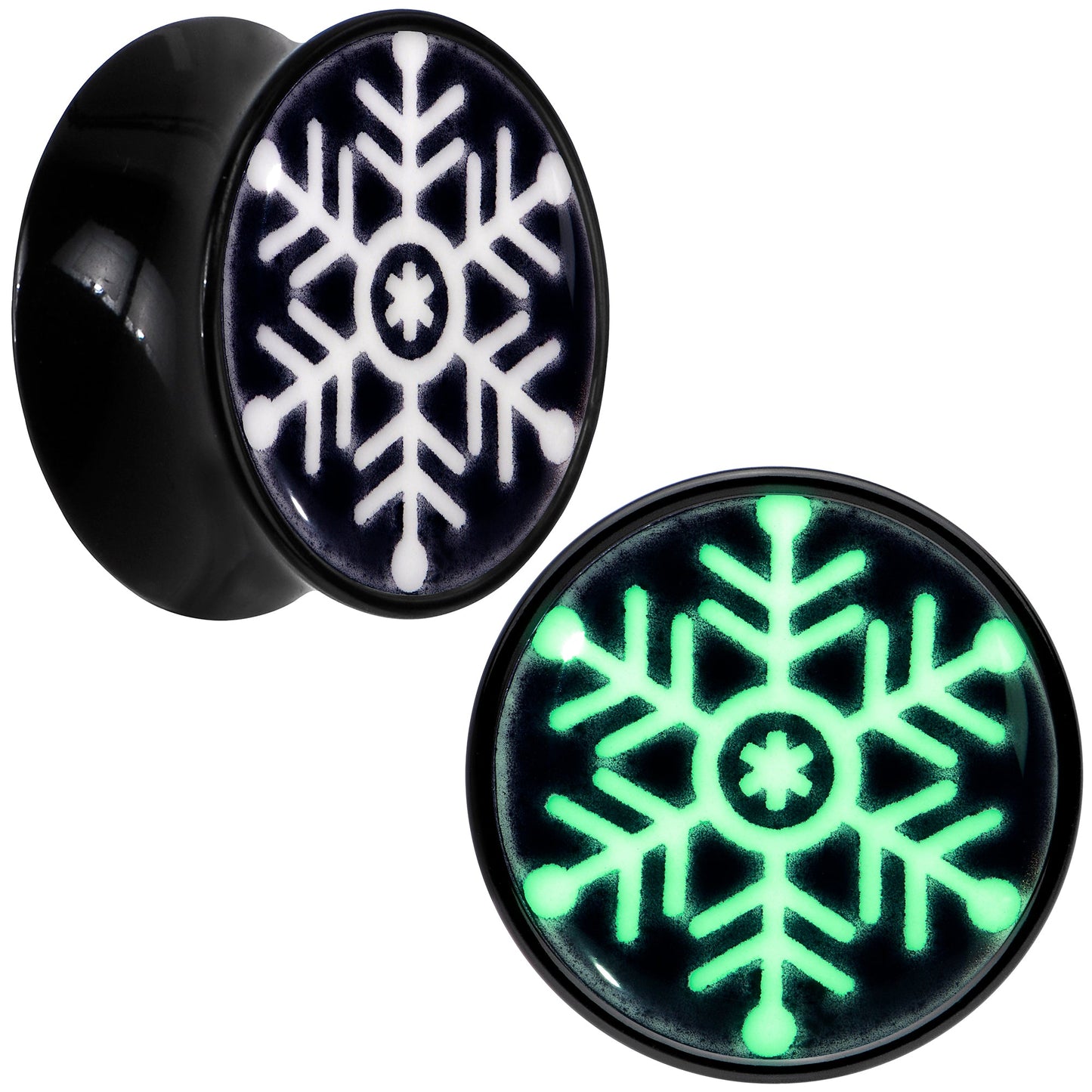 Glow in the Dark Holiday Snowflake Black Acrylic Saddle Plug Set by Onyx O - 16mm (5 8") - PLUG Saddle