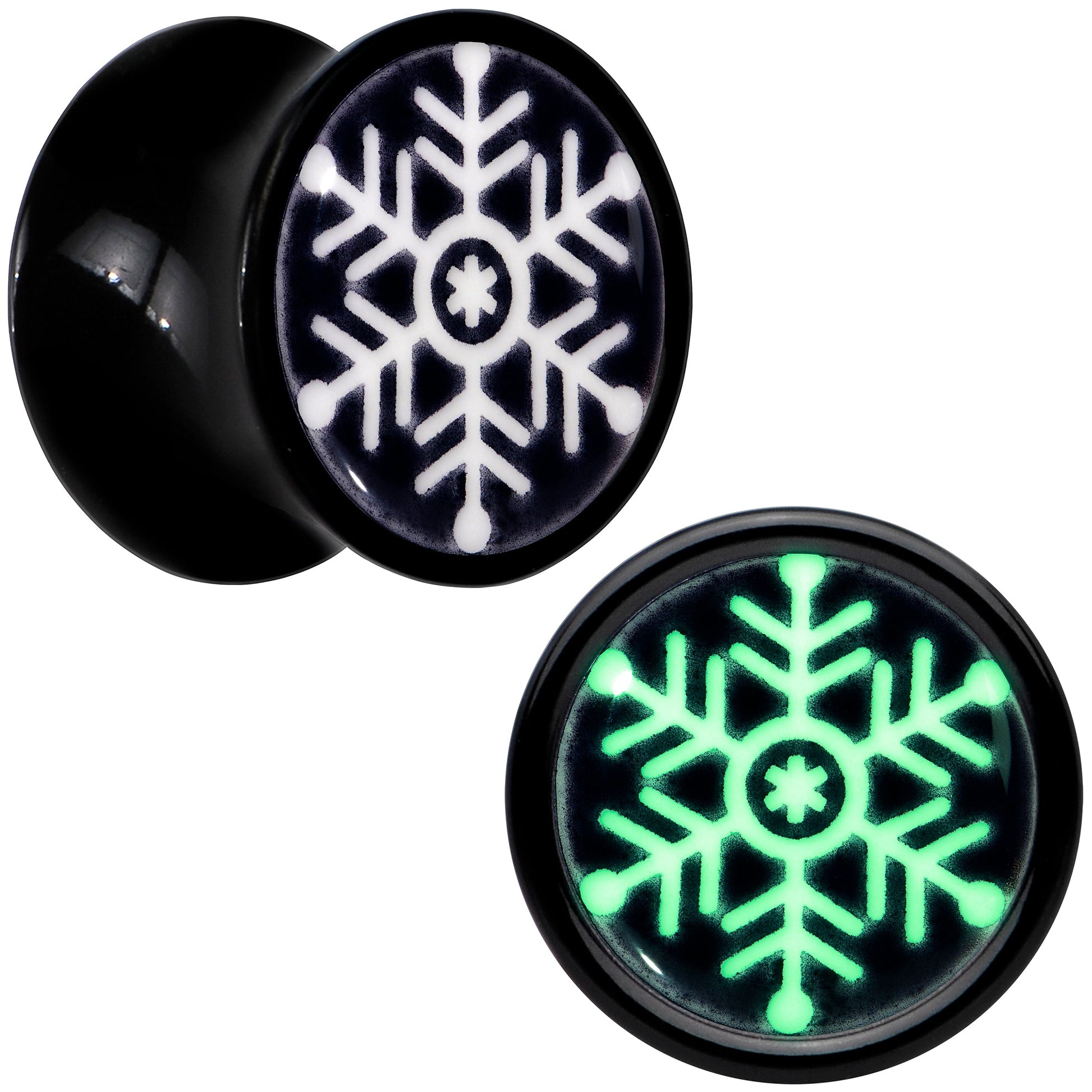 Glow in the Dark Holiday Snowflake Black Acrylic Saddle Plug Set by Onyx O - 8mm (0 Gauge) - PLUG Saddle