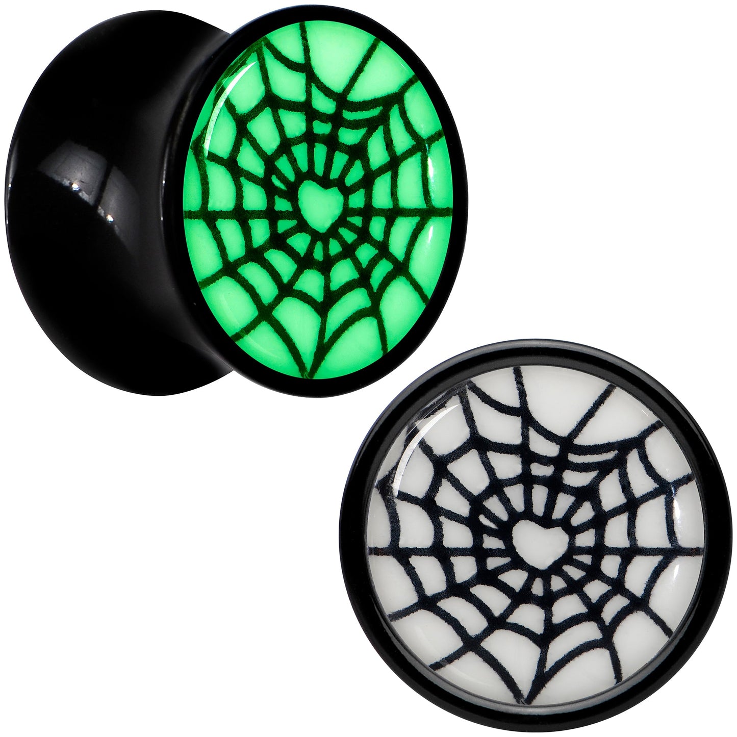 Black Acrylic Heart Spider Web Glow in the Dark Double Flare Plug Set by Onyx O - 10mm (00 Gauge) - PLUG Double Flare