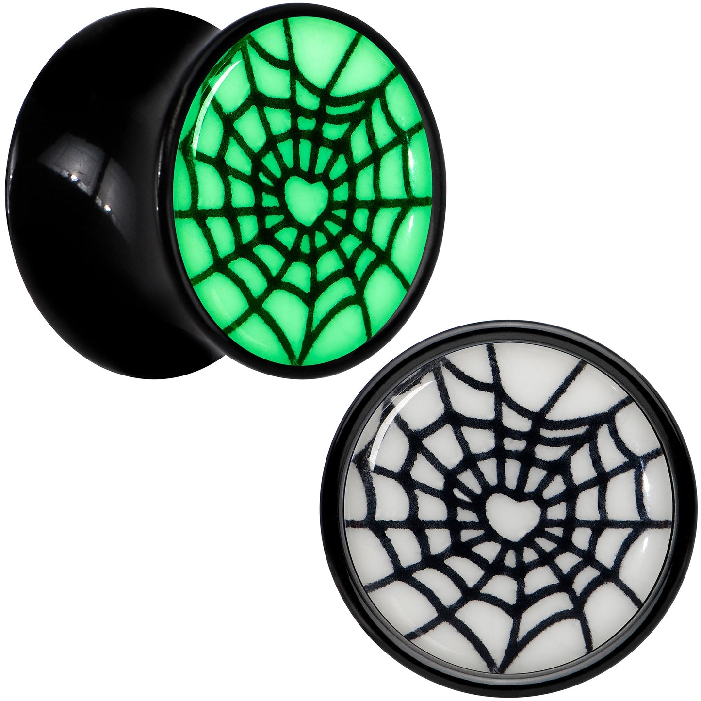Black Acrylic Heart Spider Web Glow in the Dark Double Flare Plug Set by Onyx O - 13mm (34 64") - PLUG Double Flare