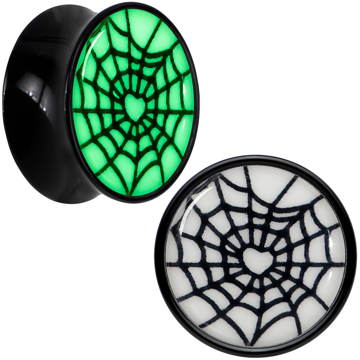 Black Acrylic Heart Spider Web Glow in the Dark Double Flare Plug Set by Onyx O - 14mm (9 16") - PLUG Double Flare