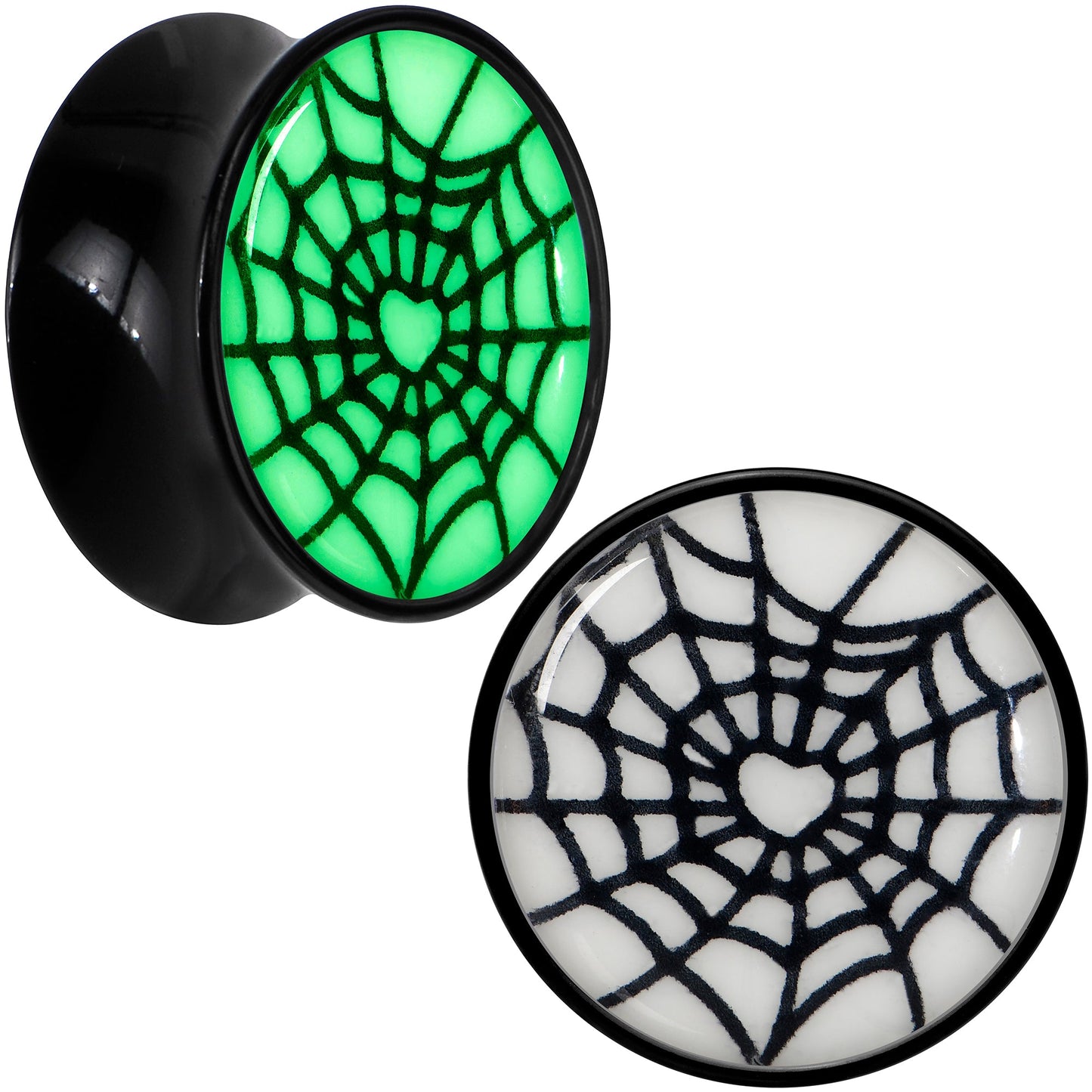 Black Acrylic Heart Spider Web Glow in the Dark Double Flare Plug Set by Onyx O - 18mm (0.709") - PLUG Double Flare