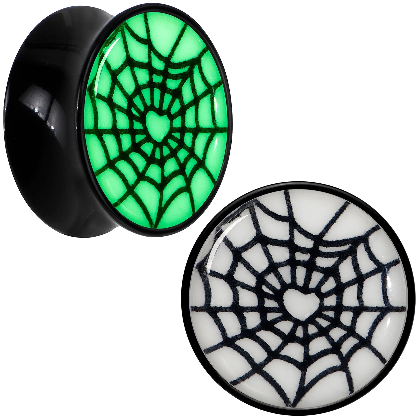 Black Acrylic Heart Spider Web Glow in the Dark Double Flare Plug Set by Onyx O - 20mm (13 16") - PLUG Double Flare