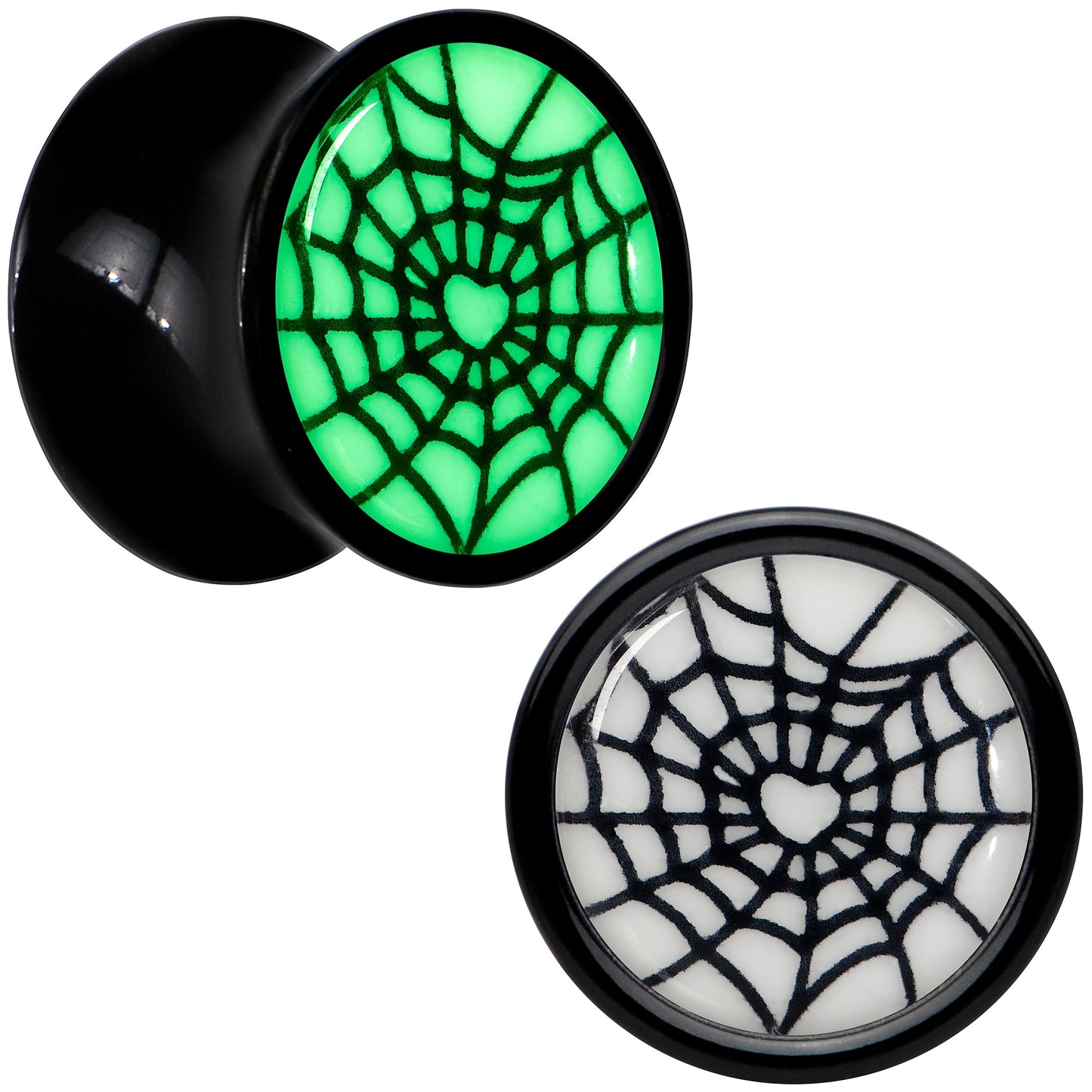 Black Acrylic Heart Spider Web Glow in the Dark Double Flare Plug Set by Onyx O - 8mm (0 Gauge) - PLUG Double Flare