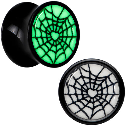 Black Acrylic Heart Spider Web Glow in the Dark Double Flare Plug Set by Onyx O - 8mm (0 Gauge) - PLUG Double Flare