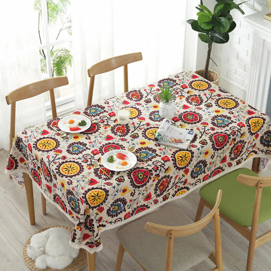 Sunflower Cotton Linen Tablecloth with Vintage Lace - Kia Day Design