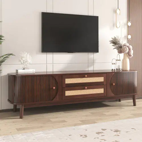 Rattan TV Stand with Solid Wood Legs - Natural WoodBrown - cabinet