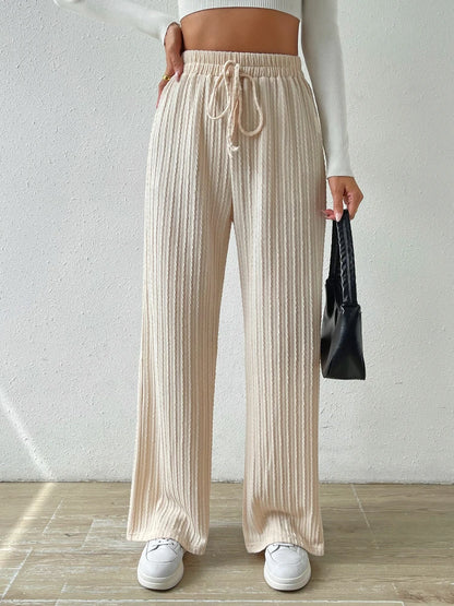 New Tie Waist Texture Knitted Wide Leg Pants Beige