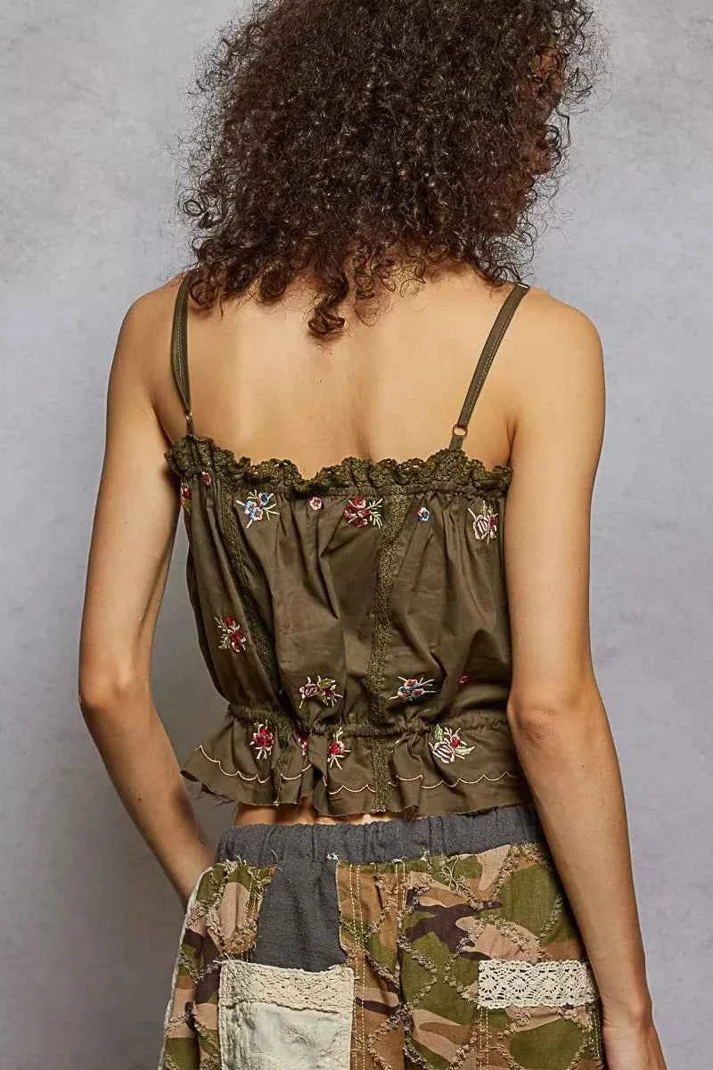 Cacao Button Down Floral Embroidered Cropped Cami Lace Detail | POL - - Tank Top