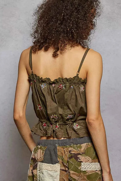 Cacao Button Down Floral Embroidered Cropped Cami Lace Detail | POL - - Tank Top