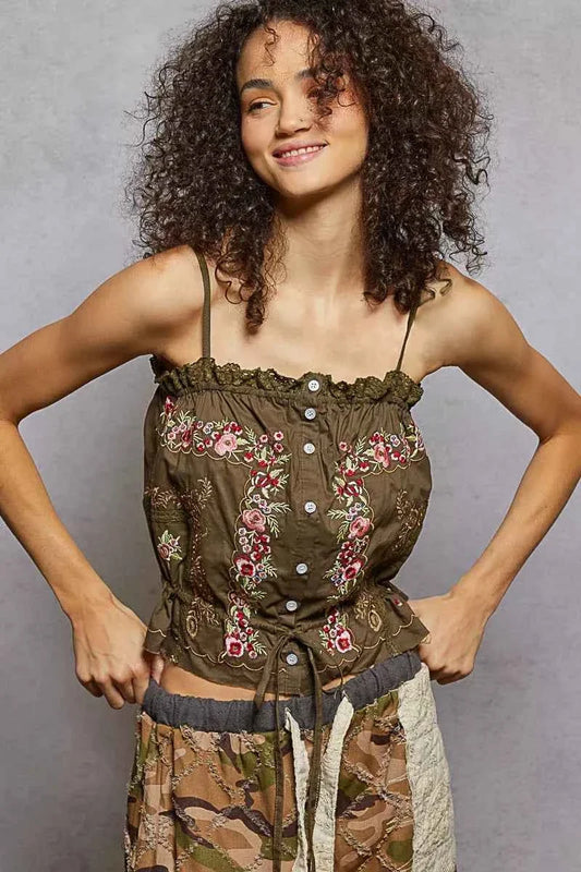 Cacao Button Down Floral Embroidered Cropped Cami Lace Detail | POL - - Tank Top
