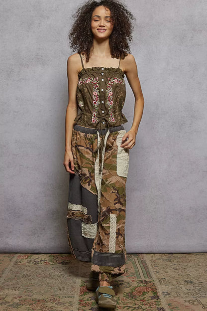 Cacao Button Down Floral Embroidered Cropped Cami Lace Detail | POL - - Tank Top