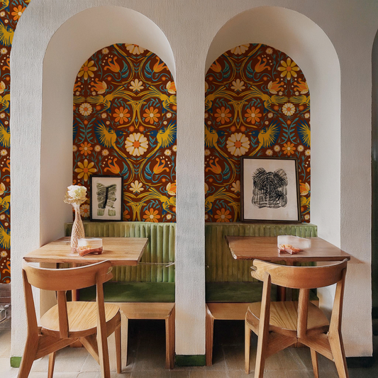 Folkie Birdie Wallpaper Rust, Marigold and Blue - - Wallpaper