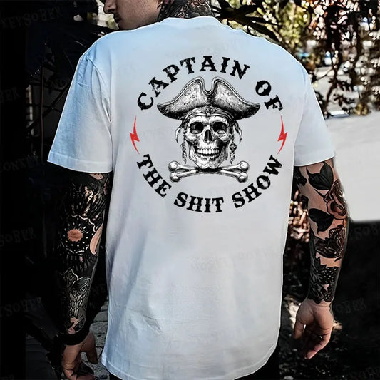 "Captain of the Shit Show" Skull Print T-Shirt – Funny & Fashionable Men's Crewneck, Casual Cotton Tee - - T-shirt