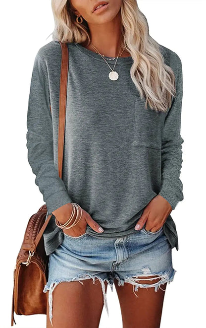 Pocket Split Long-sleeved Casual T-shirt Kia Day Design
