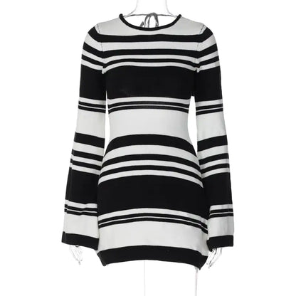 Striped Knitted Backless Sweater with Flare Sleeves - Kia Day Design
