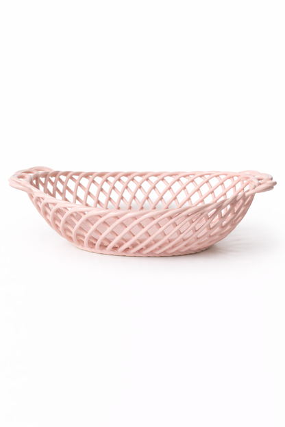 Ceramic Oval Basket – Hand-Woven Dish in White, Beige & Pink Glazed Porcelain - Pink - Bowl