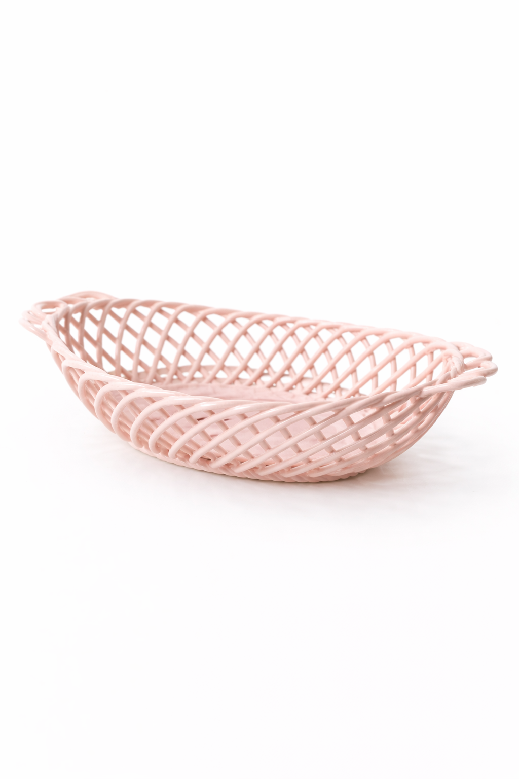 Ceramic Oval Basket – Hand-Woven Dish in White, Beige & Pink Glazed Porcelain - - Bowl