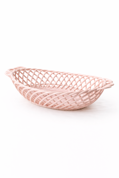 Ceramic Oval Basket – Hand-Woven Dish in White, Beige & Pink Glazed Porcelain - - Bowl