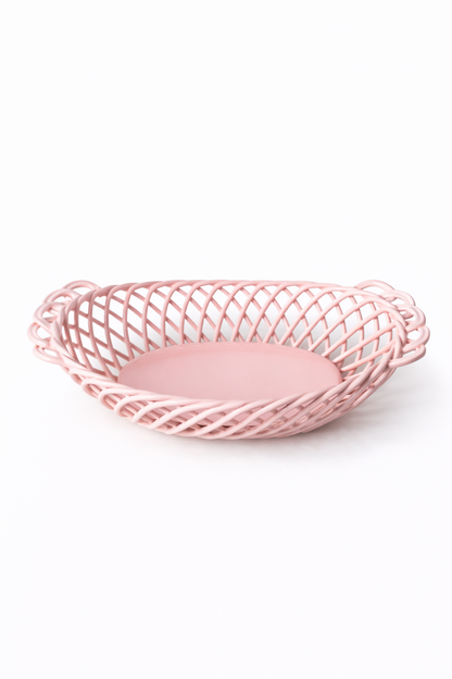Ceramic Oval Basket – Hand-Woven Dish in White, Beige & Pink Glazed Porcelain - - Bowl