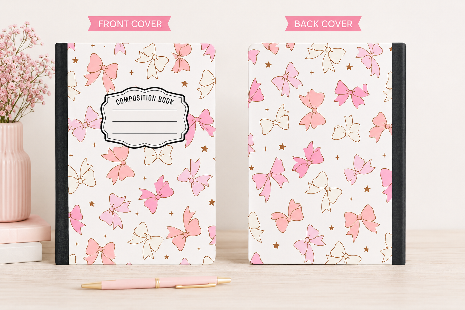 Pink Bow Hardcover Composition Notebook - - Stationary