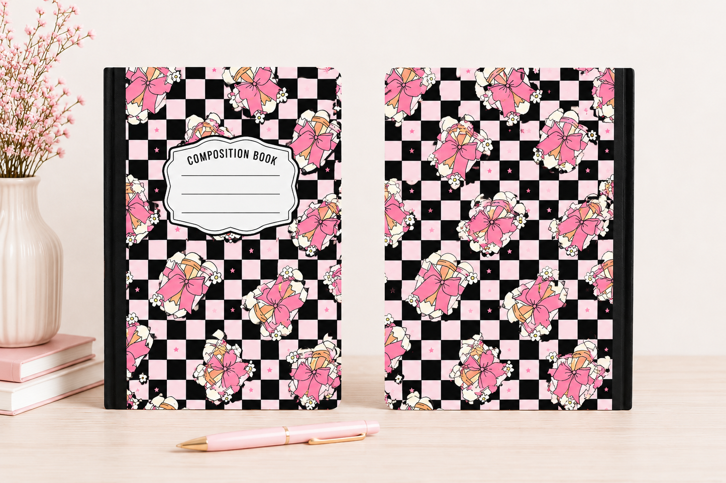 Dark Pink Bow & Pencil Hardcover Composition Notebook - - Stationary