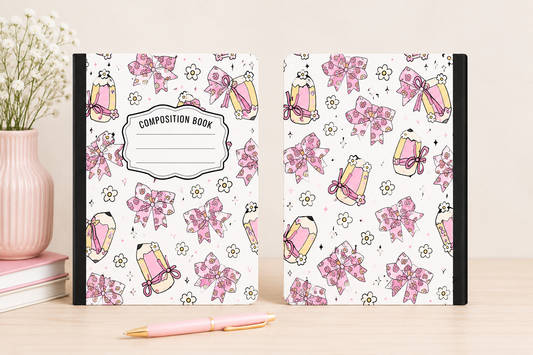 Pink Floral Bow & Pencil Hardcover Composition Notebook - Composition Notebook - Stationary
