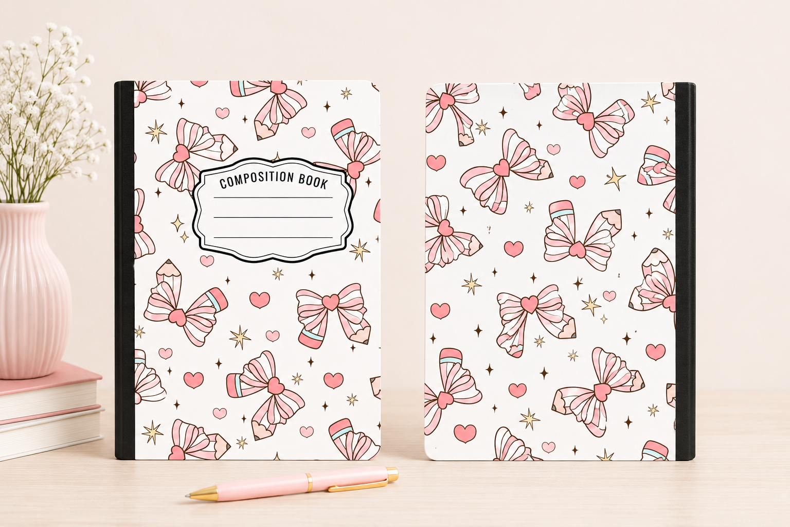 Pink Bow & Pencil Hardcover Composition Notebook - Composition Notebook - Stationary