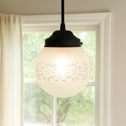 Frosted Floral and Cross Globe Pendant Light - - Farmhouse Lighting