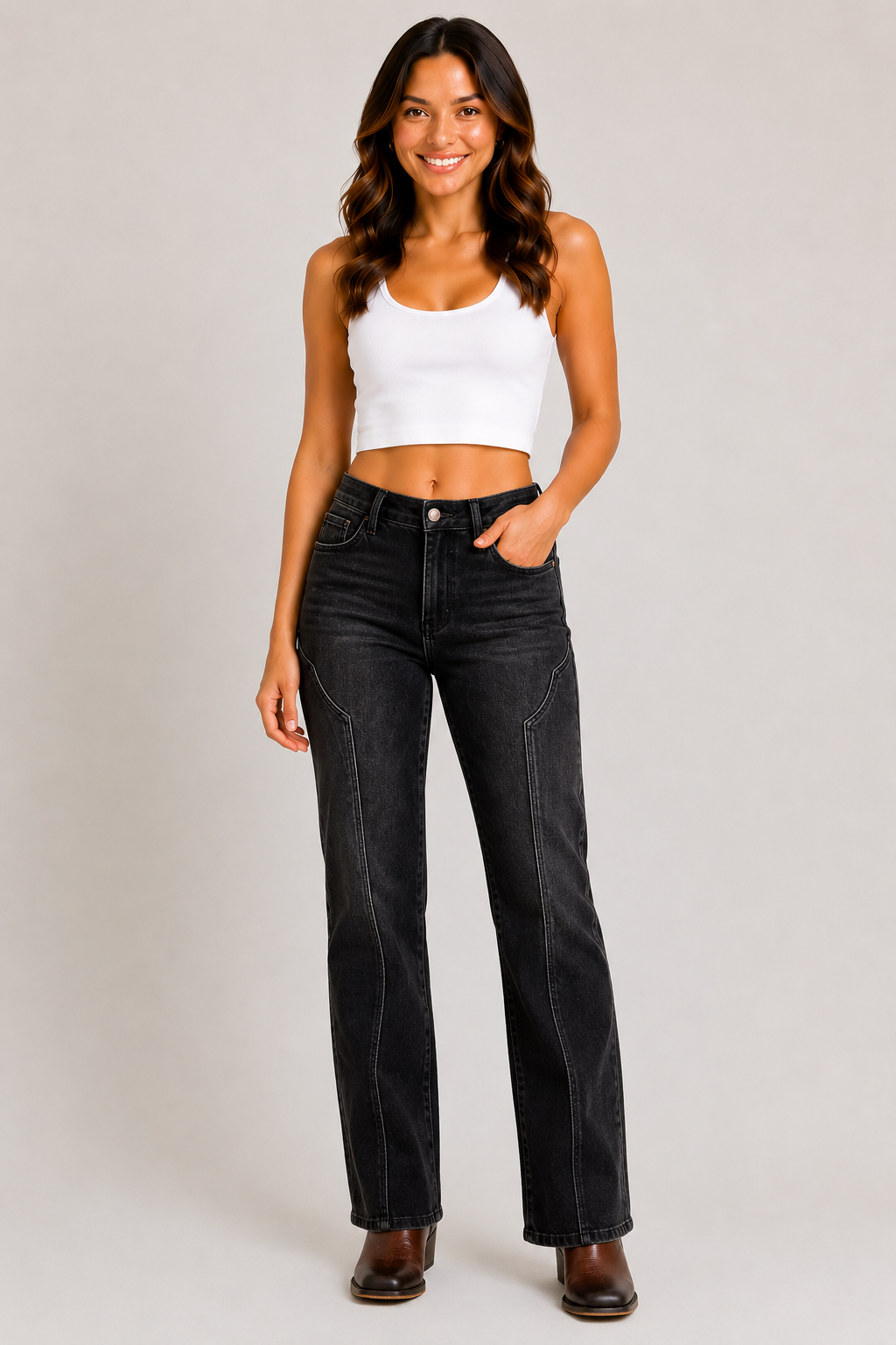 Judy Blue Mid Rise Western Seam Detail Straight Leg Jeans - - jeans
