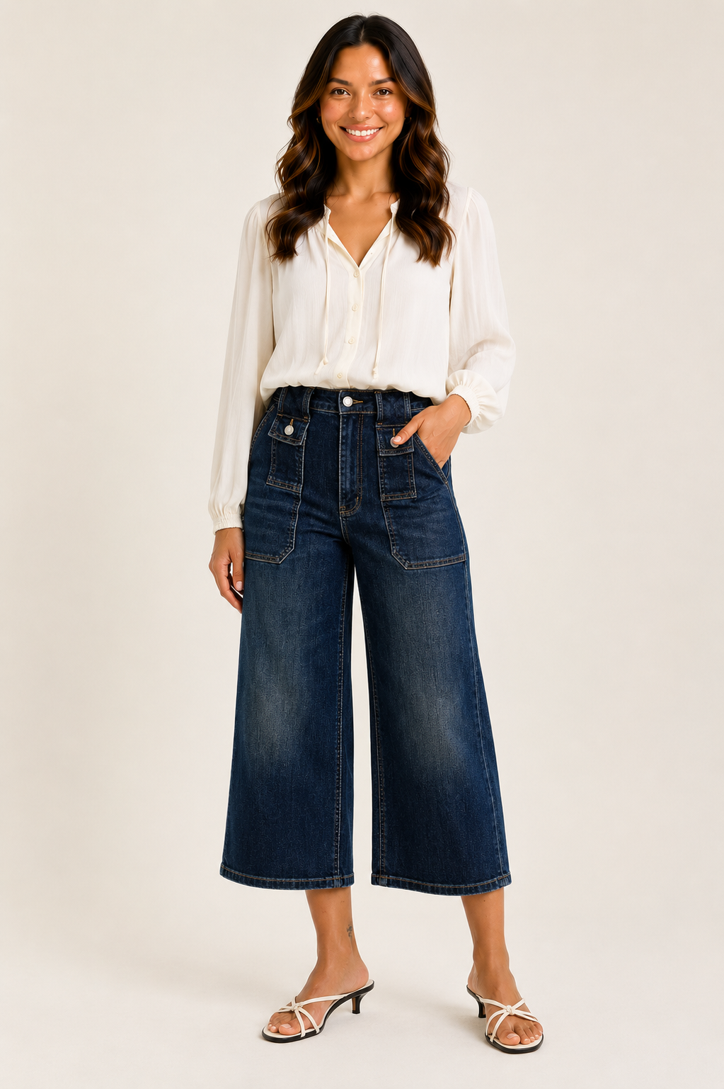 Judy Blue High Waist Wide Crop Utility Jeans with Patch Pocket - - jeans