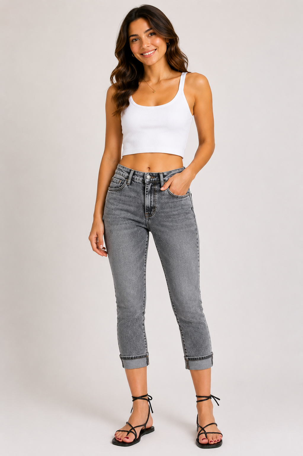 Judy Blue Sasha High Waist Cuffed Button Fly Gray Denim Capri Jeans - - jeans