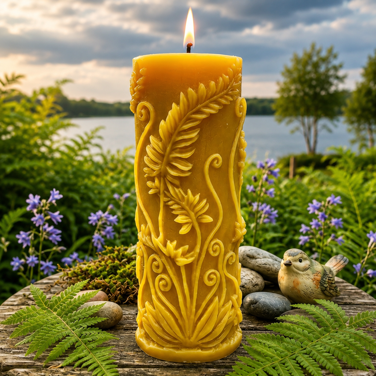 Fern Pillar Beeswax Candle in Yellow or White - - Candles