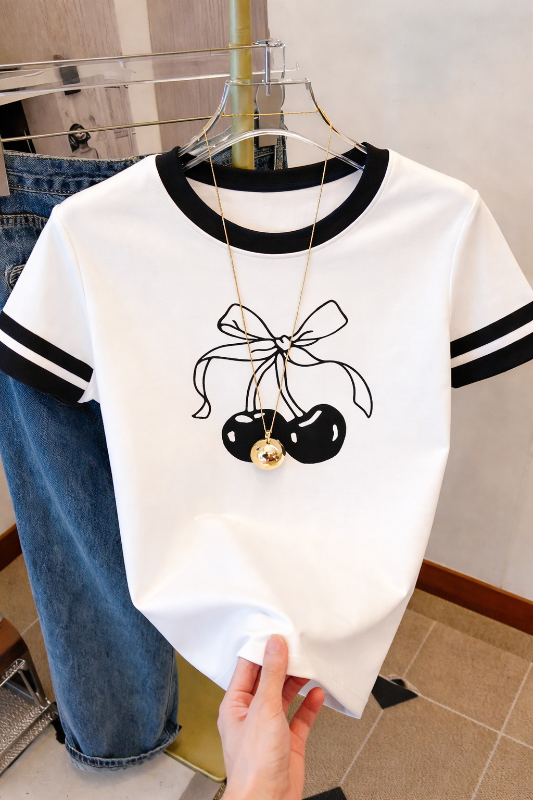 Cute Cherry Bow T-Shirt - Black on White -