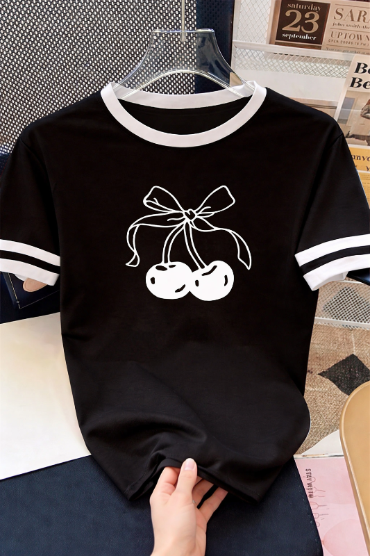 Cute Cherry Bow T-Shirt - White on Black -