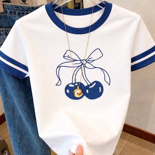 Cute Cherry Bow T-Shirt - Blue -