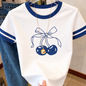 Cute Cherry Bow T-Shirt - Blue -