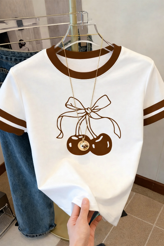 Cute Cherry Bow T-Shirt - Brown -