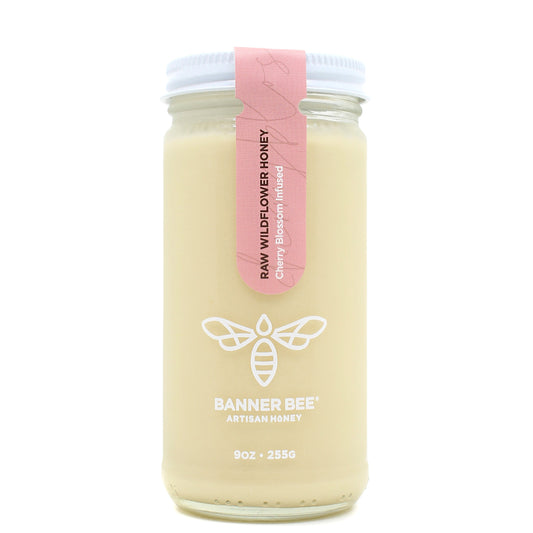 Cherry Blossom Infused Raw Honey - 9oz glass jar - Infused/Enriched Honey